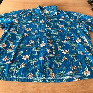 Bishop Street Hawaiian Shirt Men 4XL Blue Floral Tropical Button Up Pocket 18445